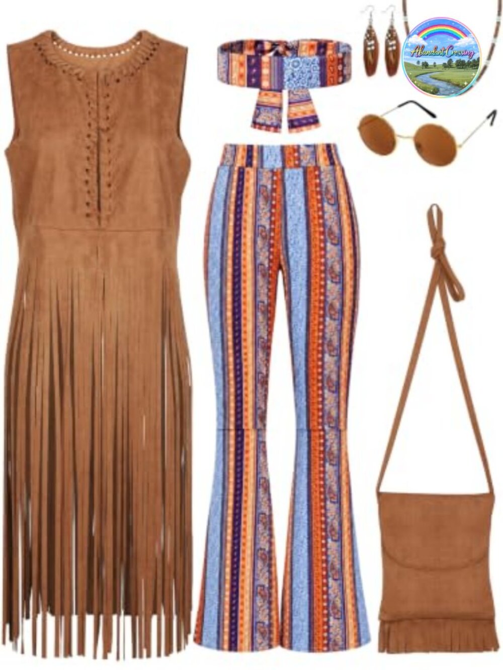 7 Piece Hippie Costume Set Disco Fringe Vest Flared Pants Bag 70s Party